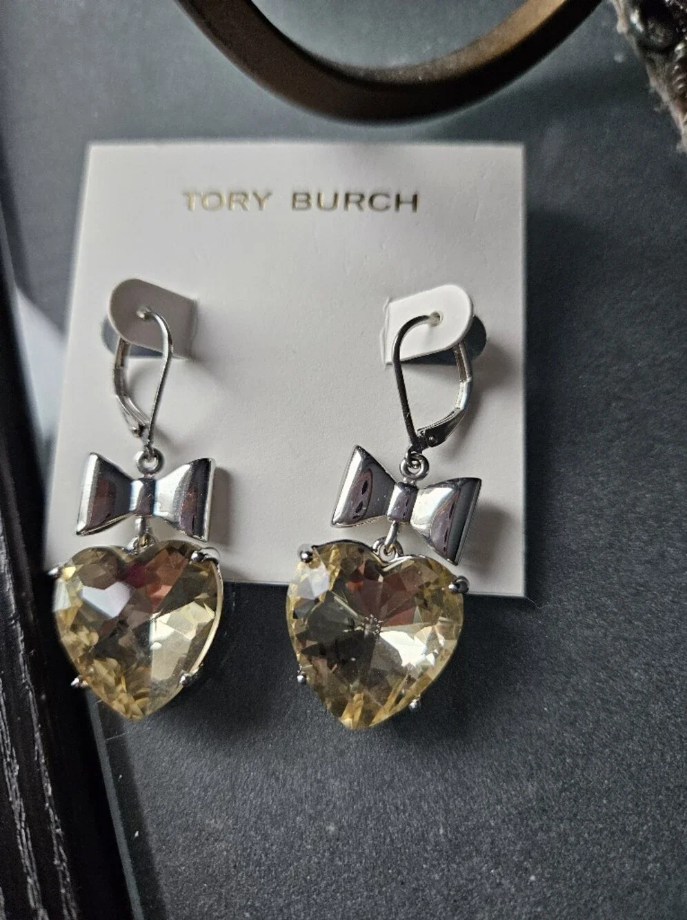 Tory Burch Silver Bow Drop Earrings with Pale Yellow Heart Crystals
